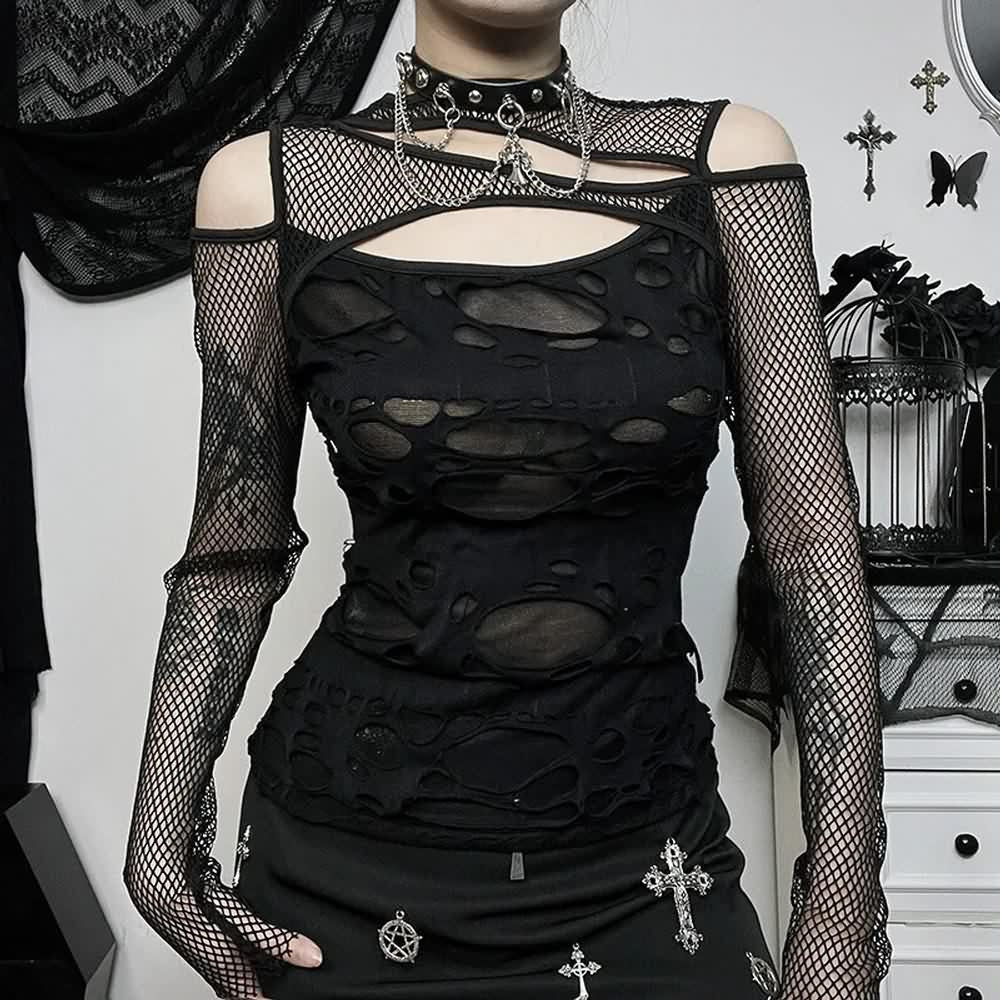 Gothic Grunge Distressed Fishnet Mesh Top