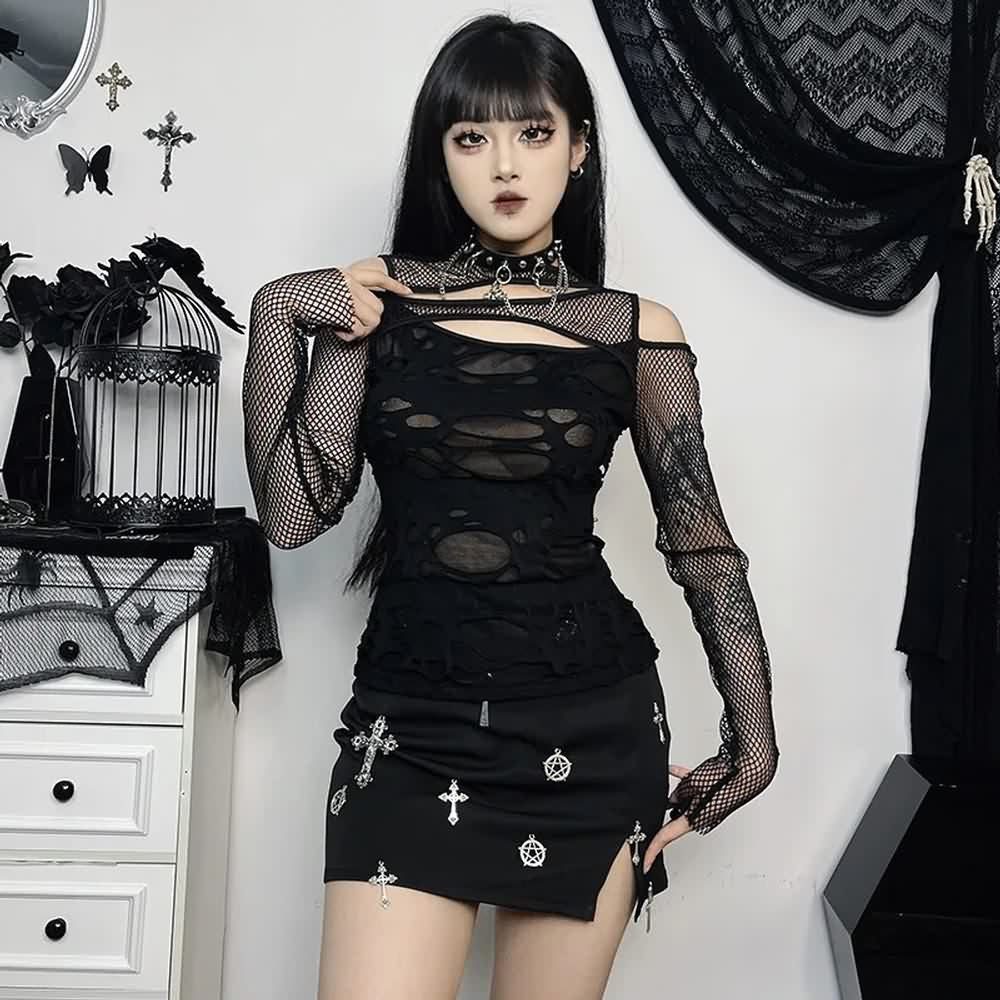 Gothic Grunge Distressed Fishnet Mesh Top