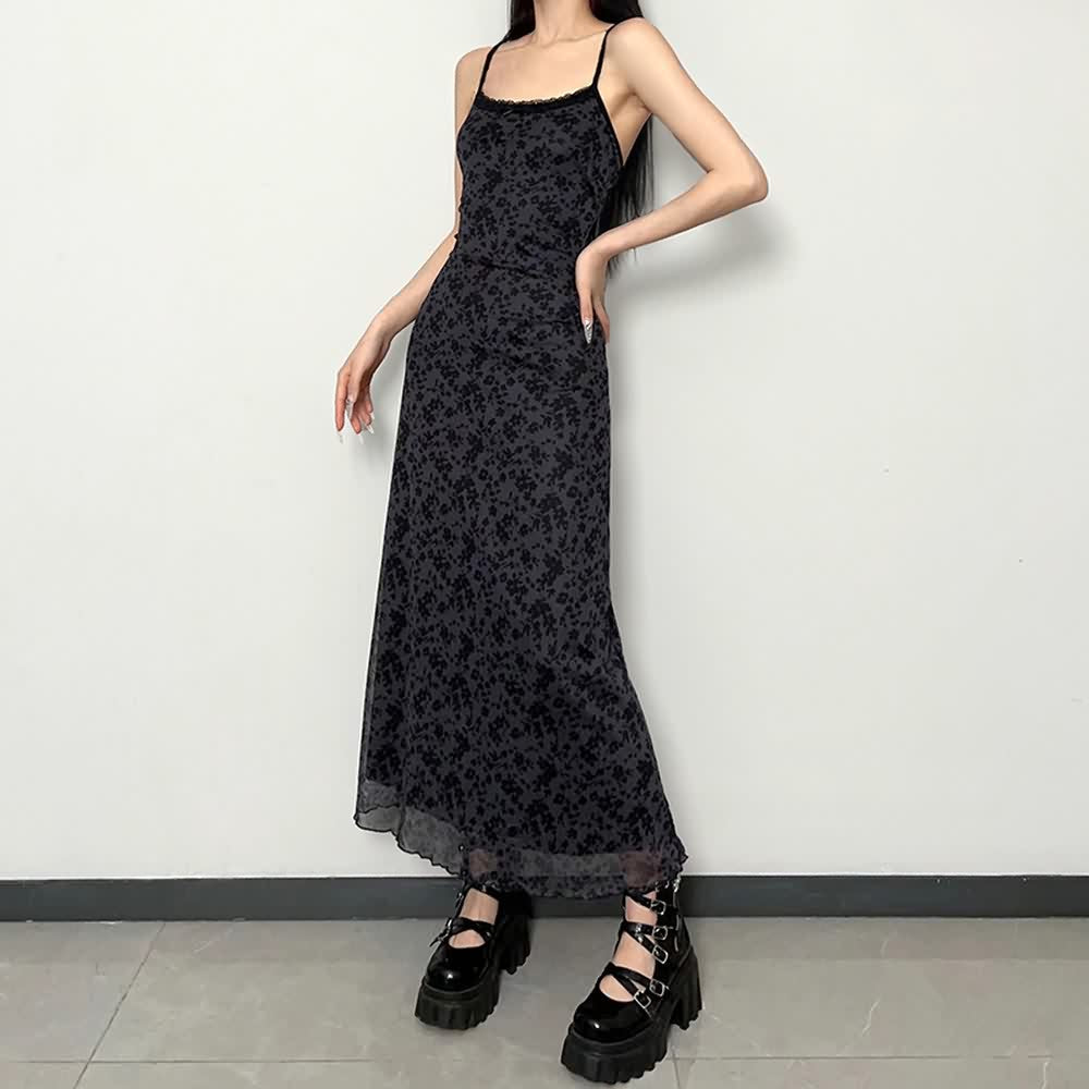 Gothic Grunge Floral Mesh Overlay Maxi Dress