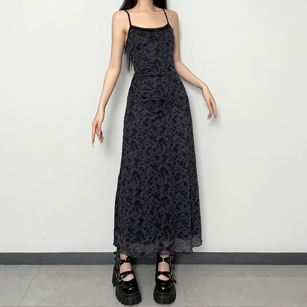 Gothic Grunge Floral Mesh Overlay Maxi Dress