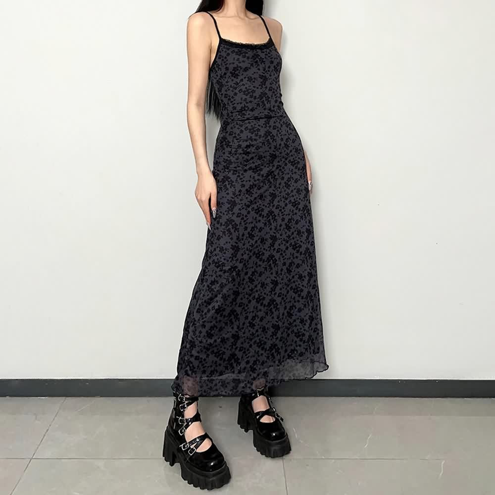 Gothic Grunge Floral Mesh Overlay Maxi Dress