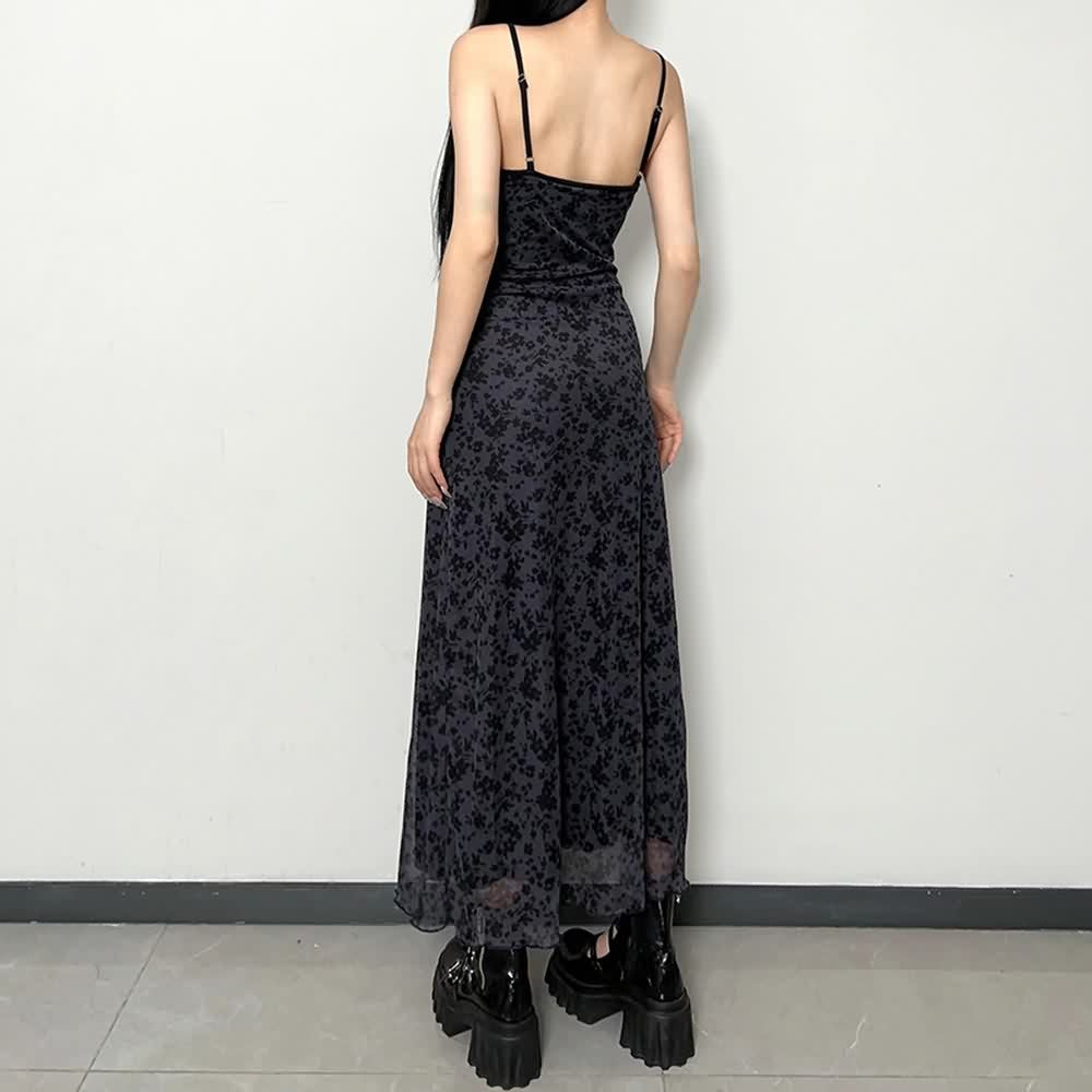 Gothic Grunge Floral Mesh Overlay Maxi Dress