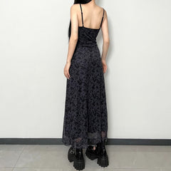 Gothic Grunge Floral Mesh Overlay Maxi Dress