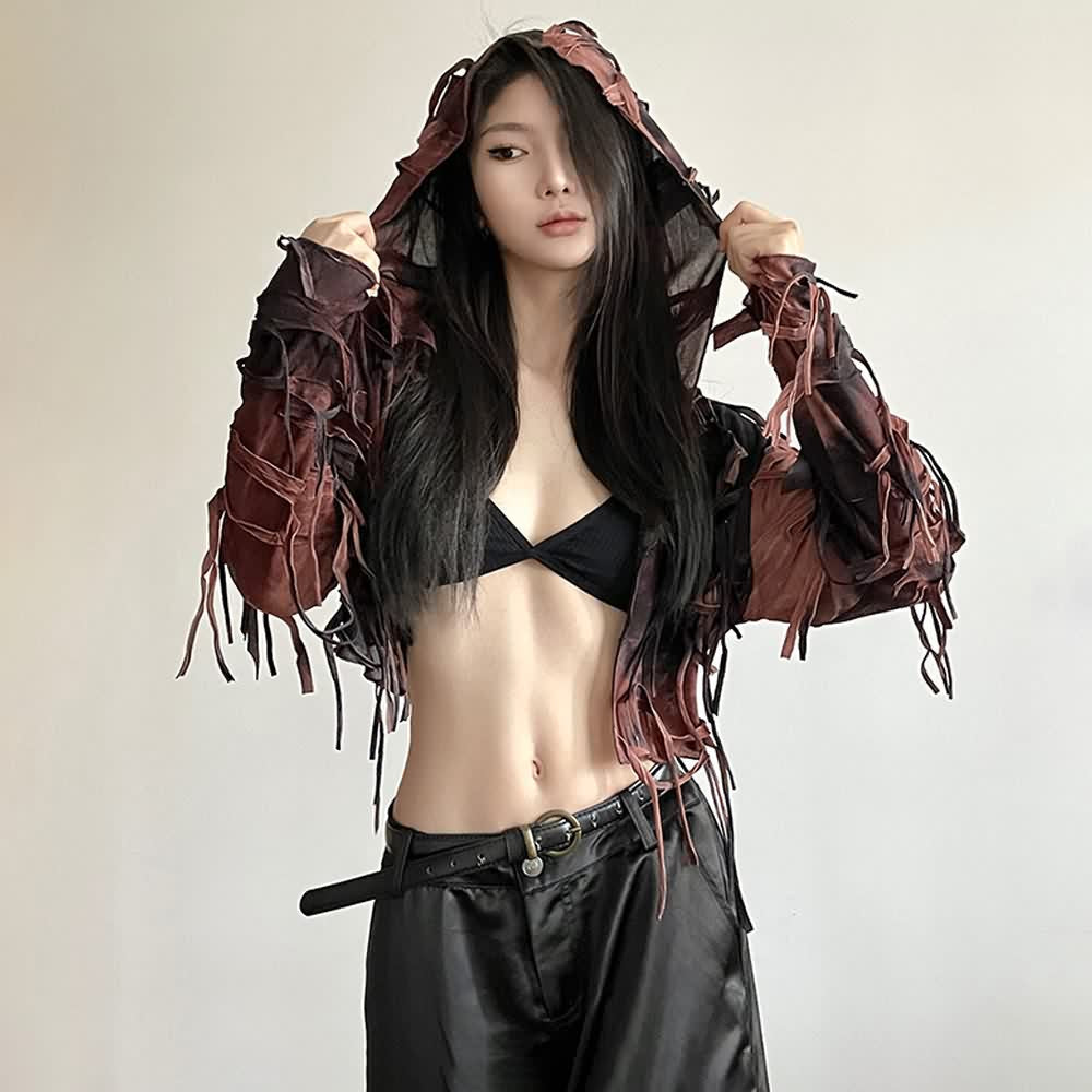 Gothic Grunge Fringe Long Sleeve Hooded Crop Top