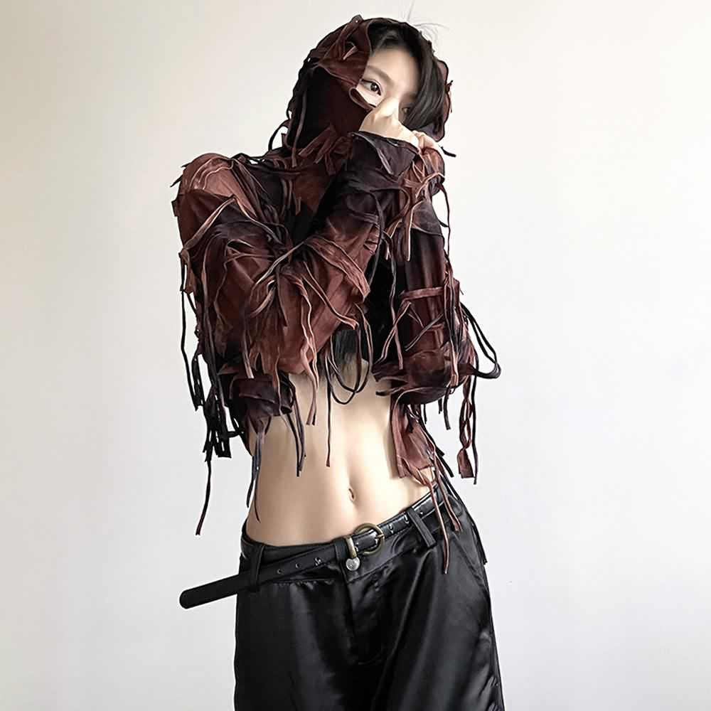 Gothic Grunge Fringe Long Sleeve Hooded Crop Top