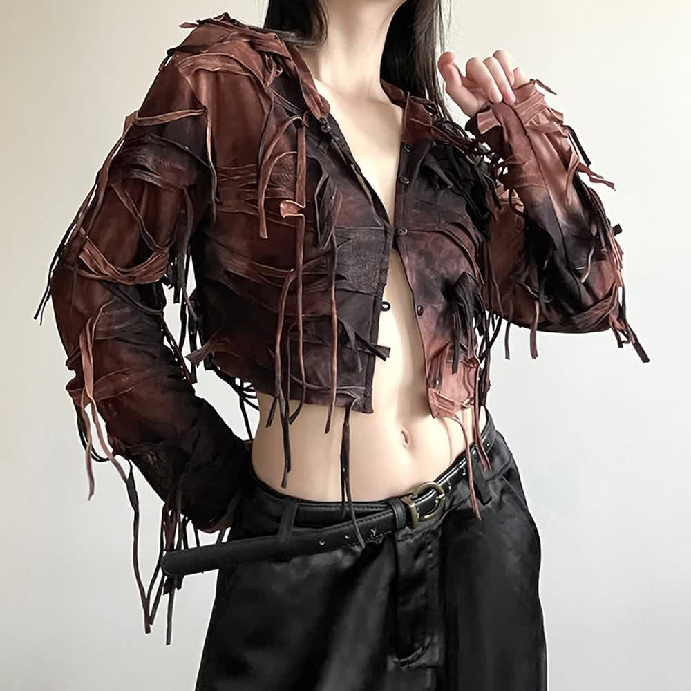 Gothic Grunge Fringe Long Sleeve Hooded Crop Top