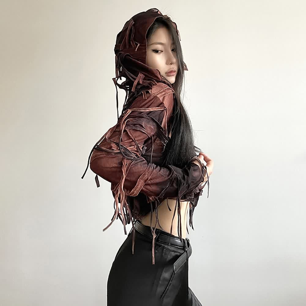 Gothic Grunge Fringe Long Sleeve Hooded Crop Top