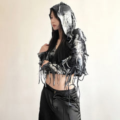 Gothic Grunge Fringe Long Sleeve Hooded Crop Top