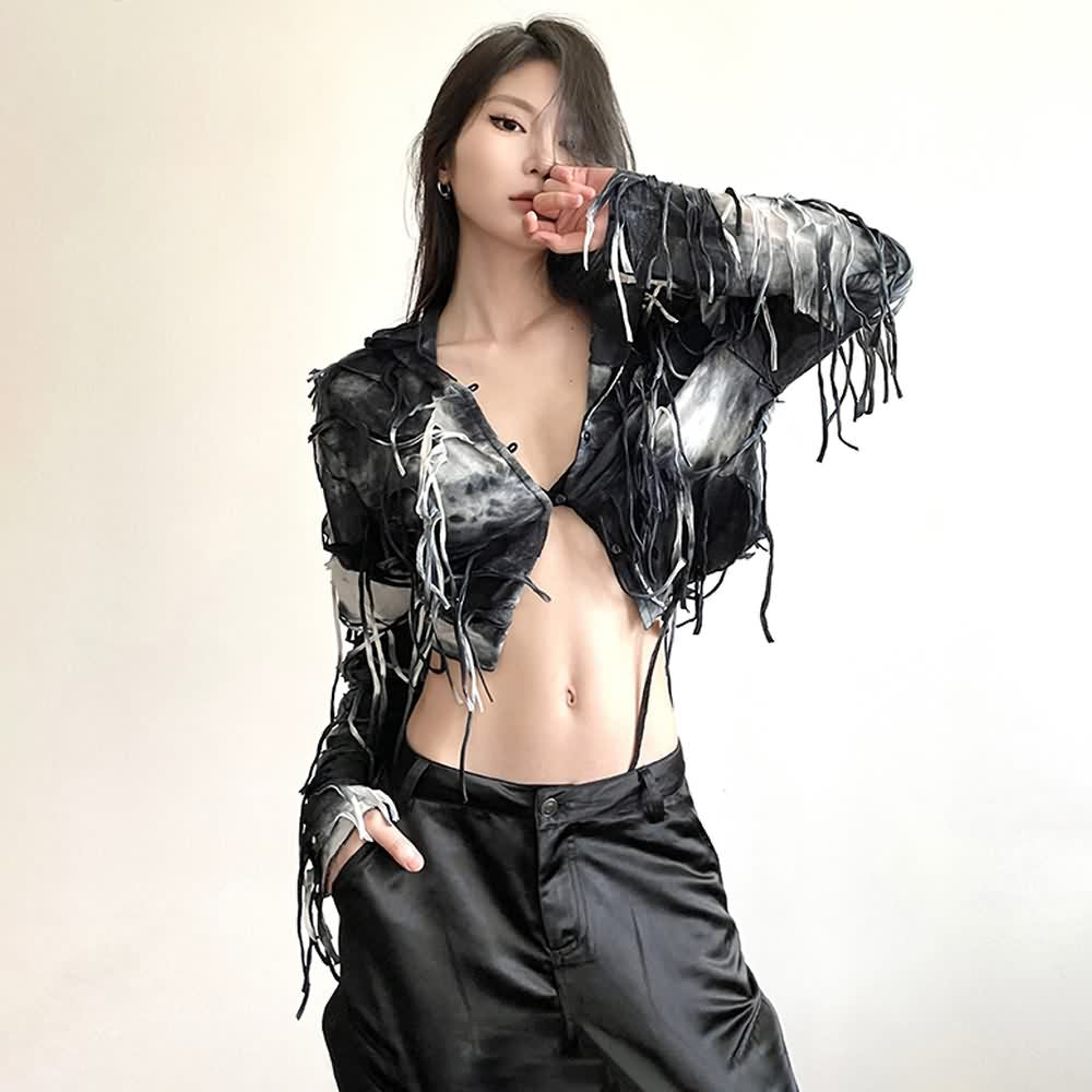 Gothic Grunge Fringe Long Sleeve Hooded Crop Top