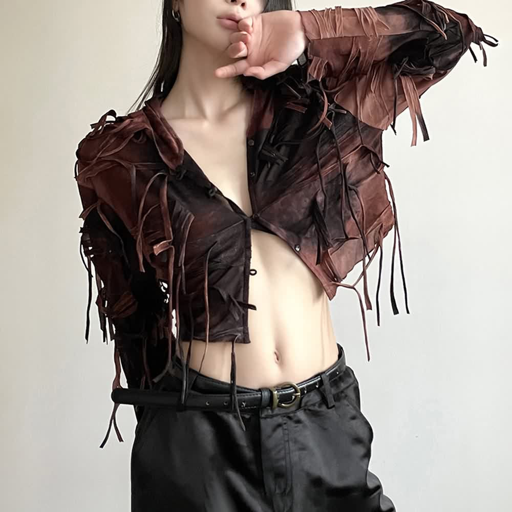 Gothic Grunge Fringe Long Sleeve Hooded Crop Top