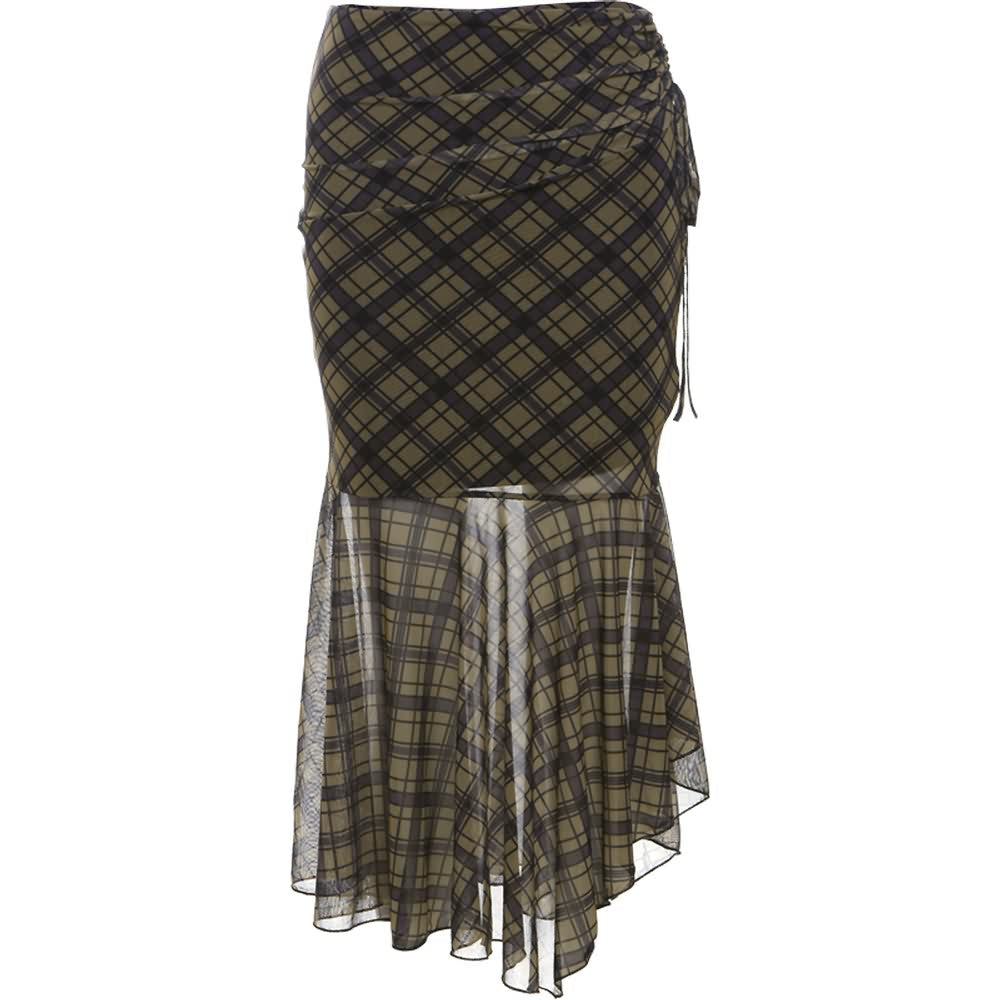 Gothic Grunge Plaid Asymmetrical Midi Skirt