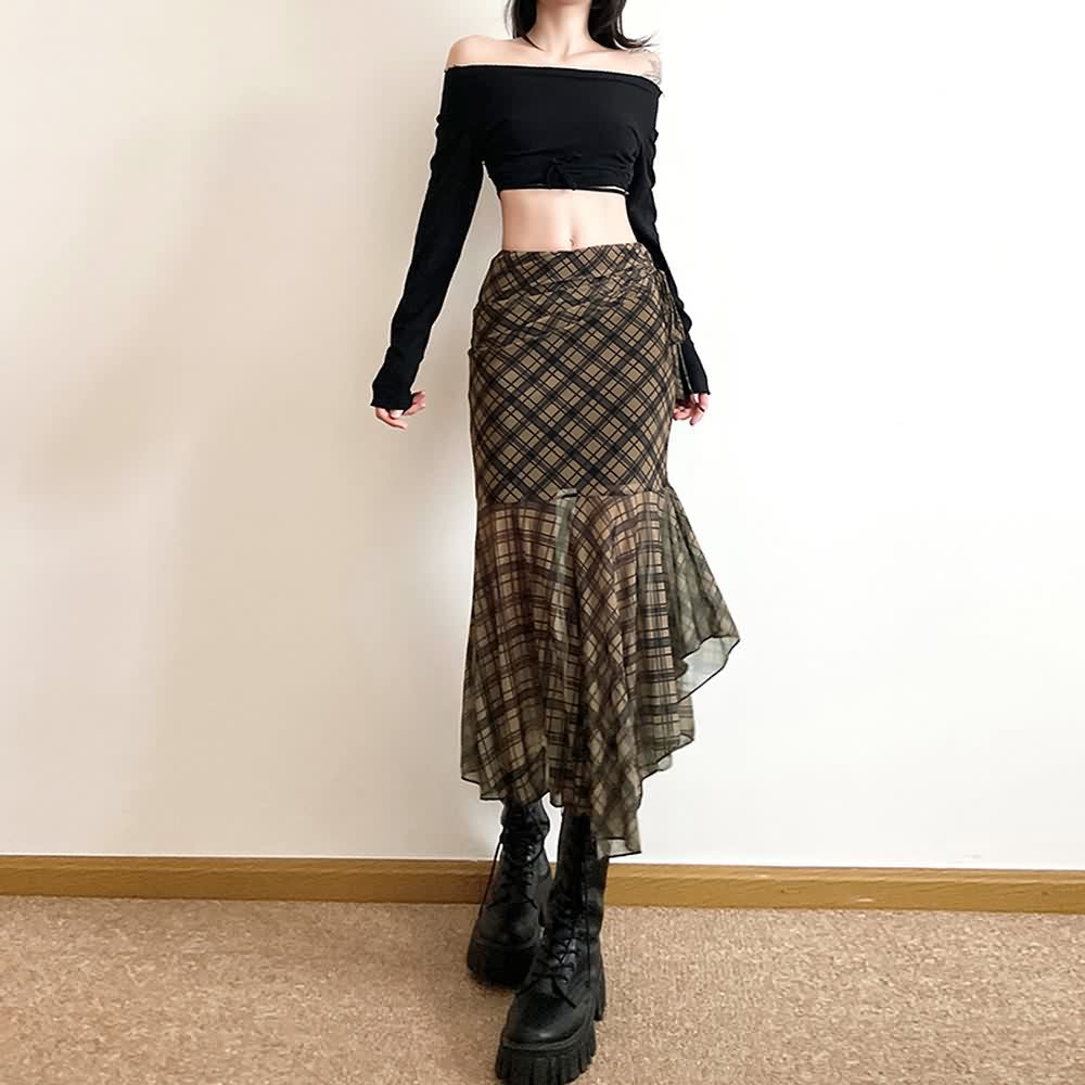 Gothic Grunge Plaid Asymmetrical Midi Skirt