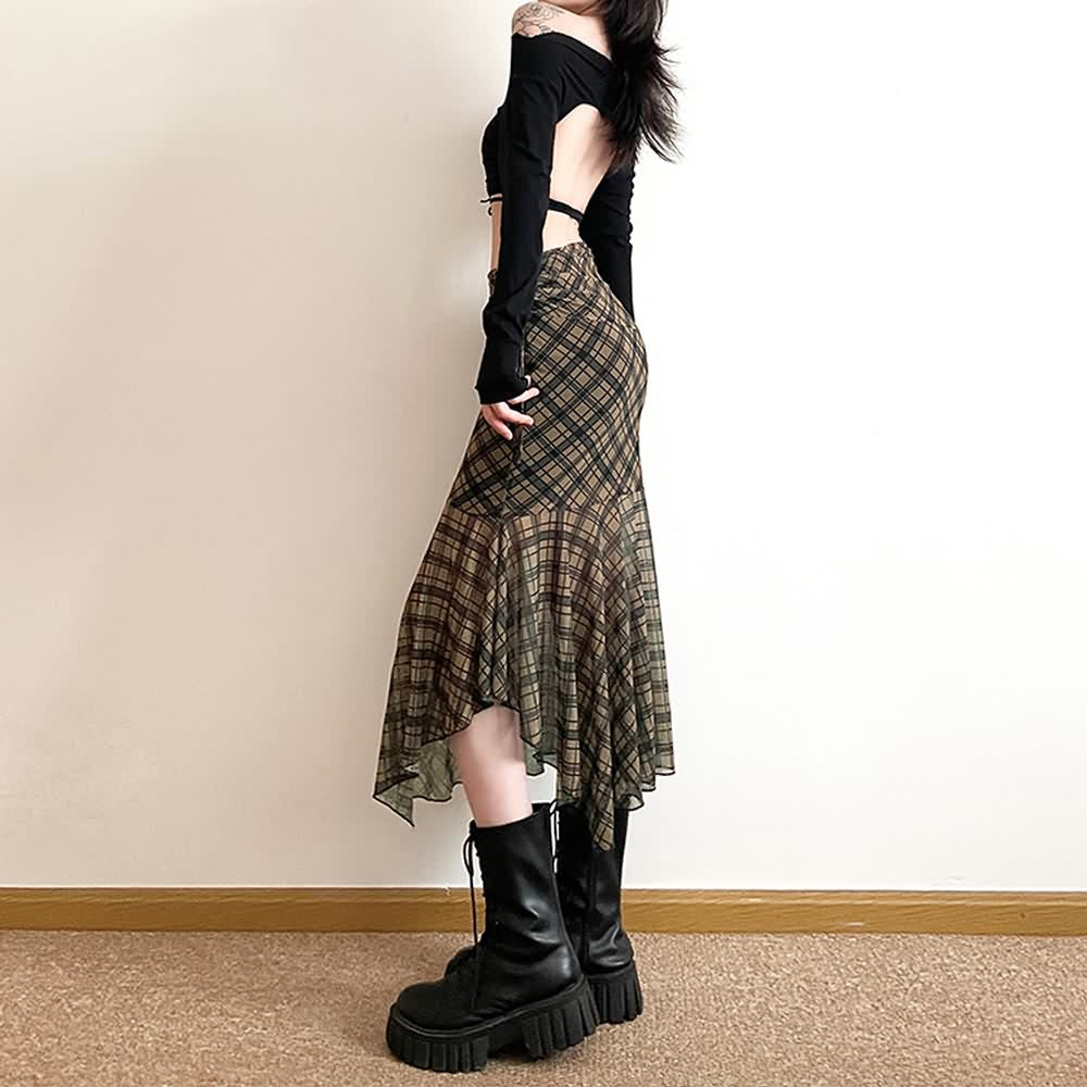 Gothic Grunge Plaid Asymmetrical Midi Skirt