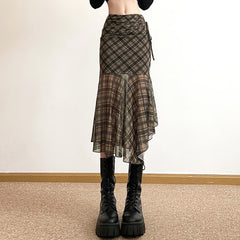 Gothic Grunge Plaid Asymmetrical Midi Skirt