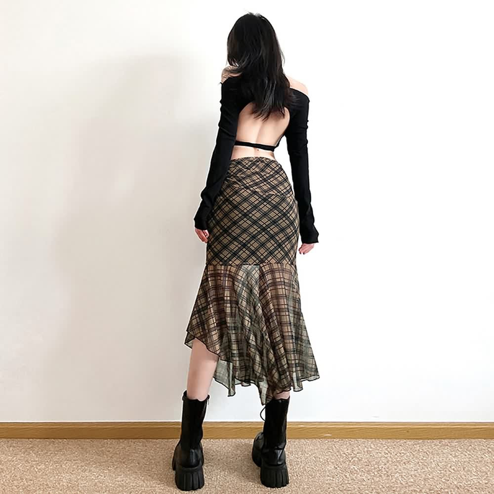 Gothic Grunge Plaid Asymmetrical Midi Skirt