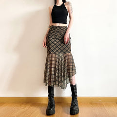 Gothic Grunge Plaid Asymmetrical Midi Skirt