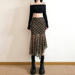 Gothic Grunge Plaid Asymmetrical Midi Skirt