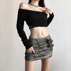 Gothic Grunge Rose Detail Ruched Mini Skirt