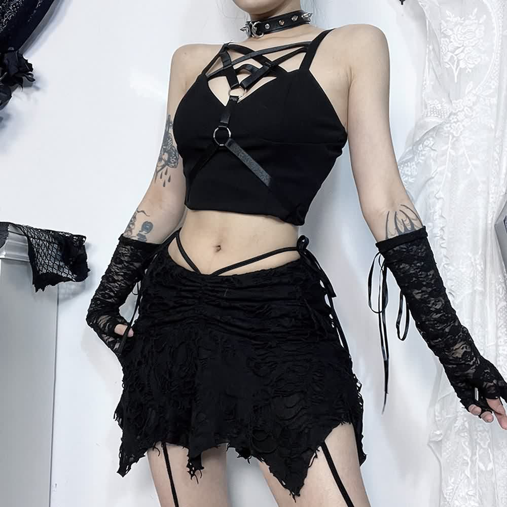 Gothic Grunge Ruched Distressed Mini Skirt