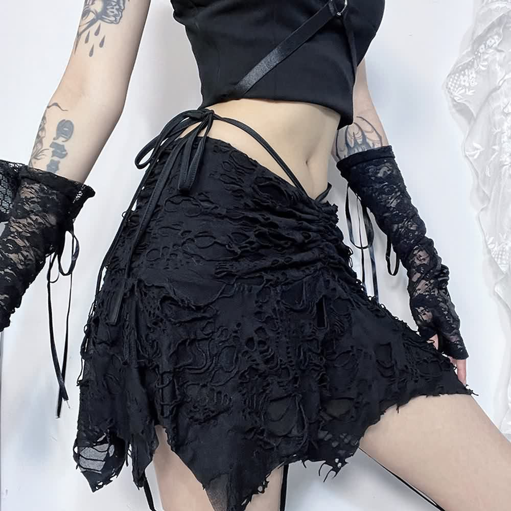 Gothic Grunge Ruched Distressed Mini Skirt