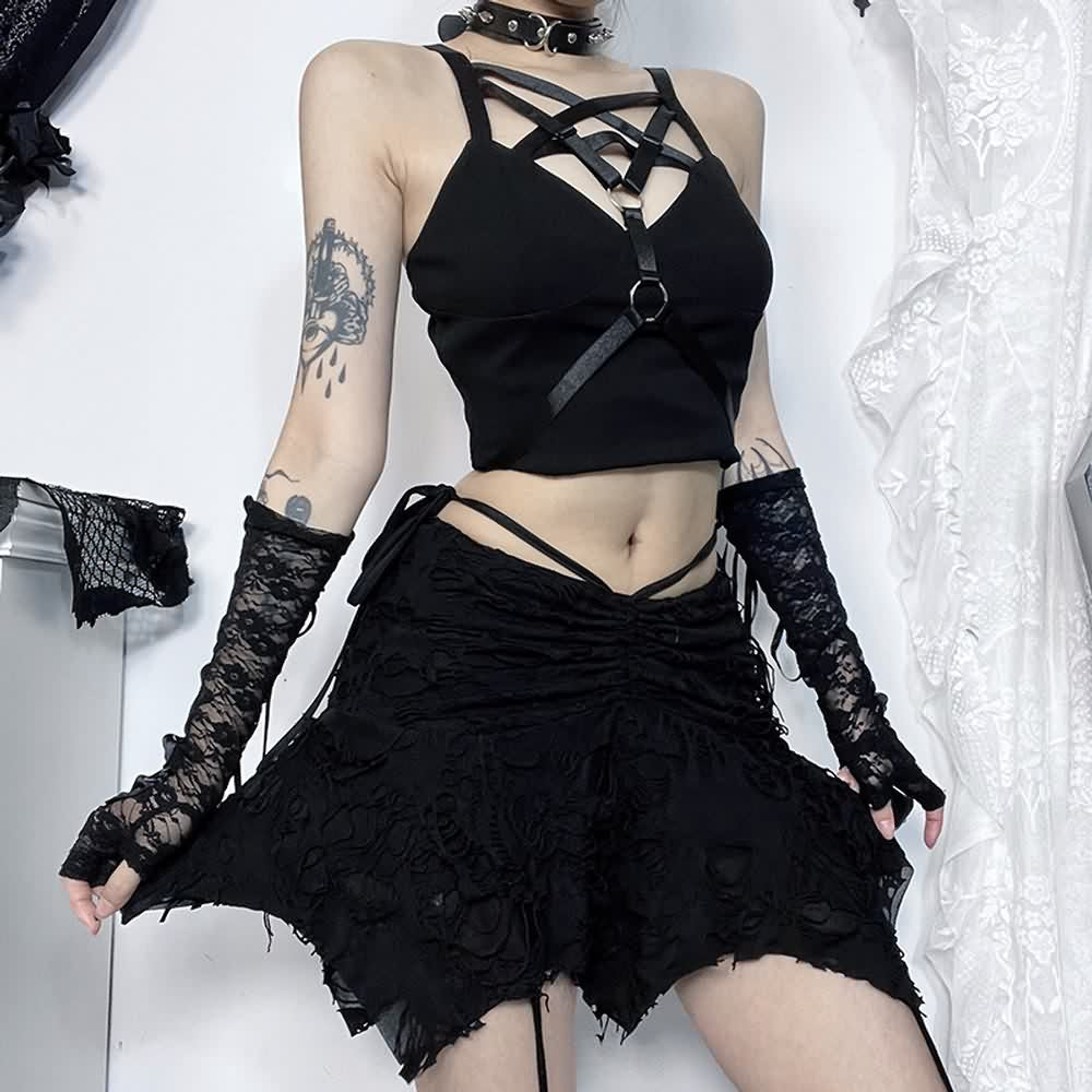 Gothic Grunge Ruched Distressed Mini Skirt