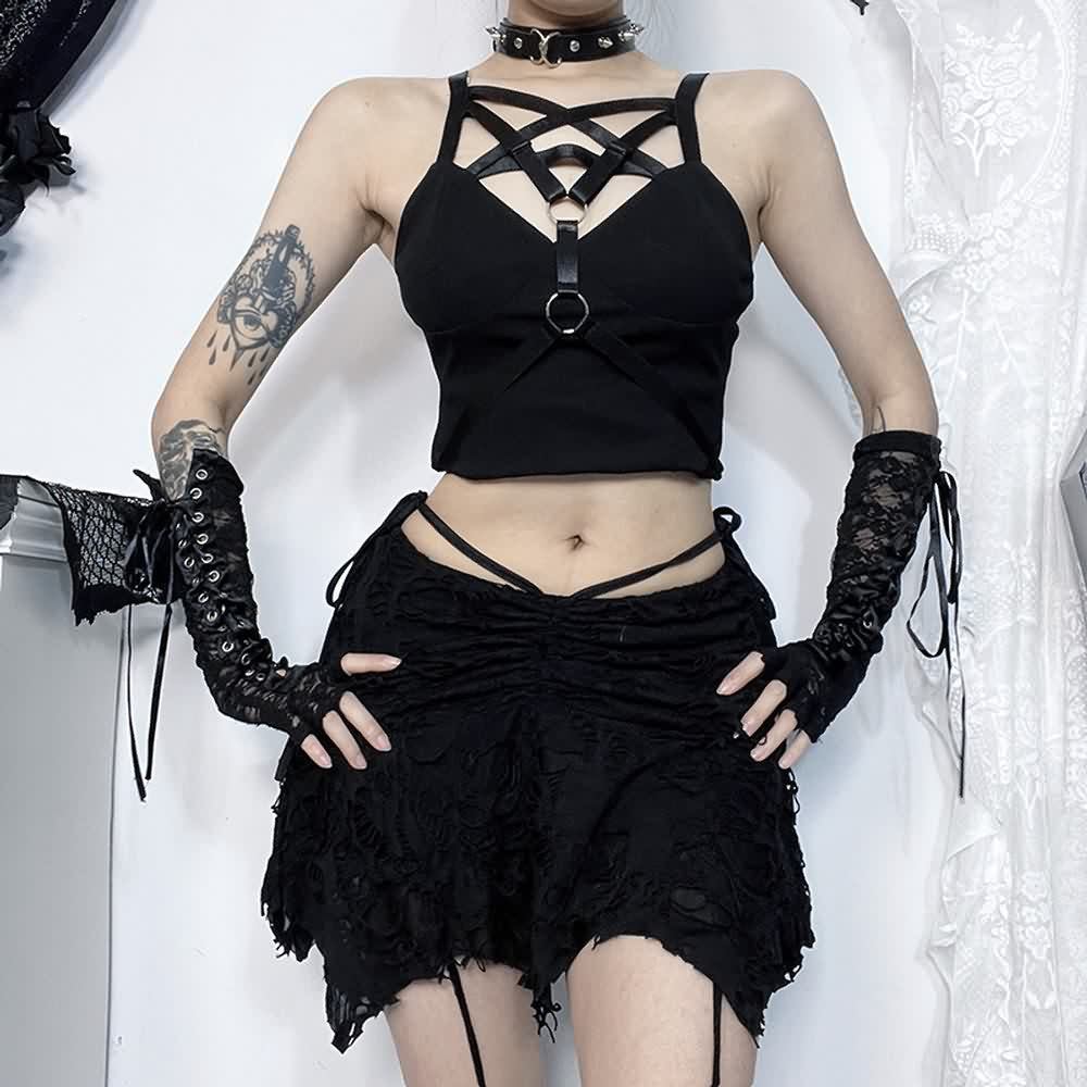 Gothic Grunge Ruched Distressed Mini Skirt