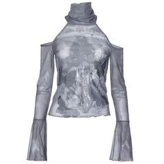 Gothic Grunge Turtleneck Cold Shoulder Long Sleeve Top