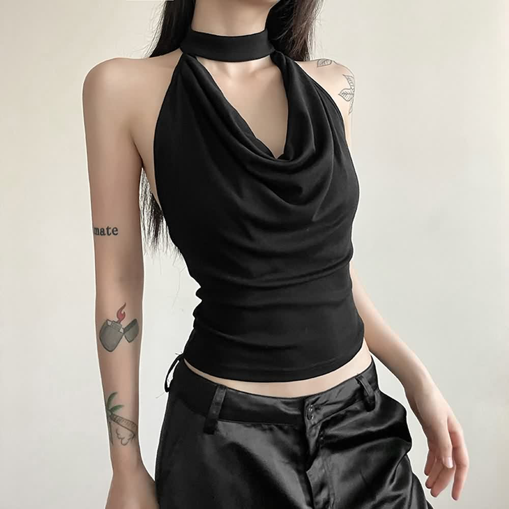 Gothic Halter Open Back Sleeveless Crop Top