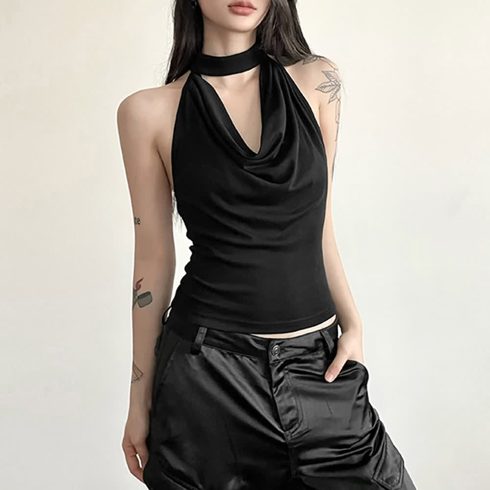 Gothic Halter Open Back Sleeveless Crop Top