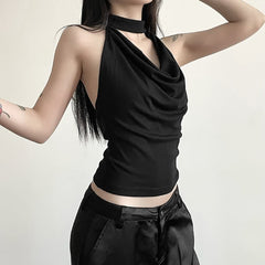 Gothic Halter Open Back Sleeveless Crop Top