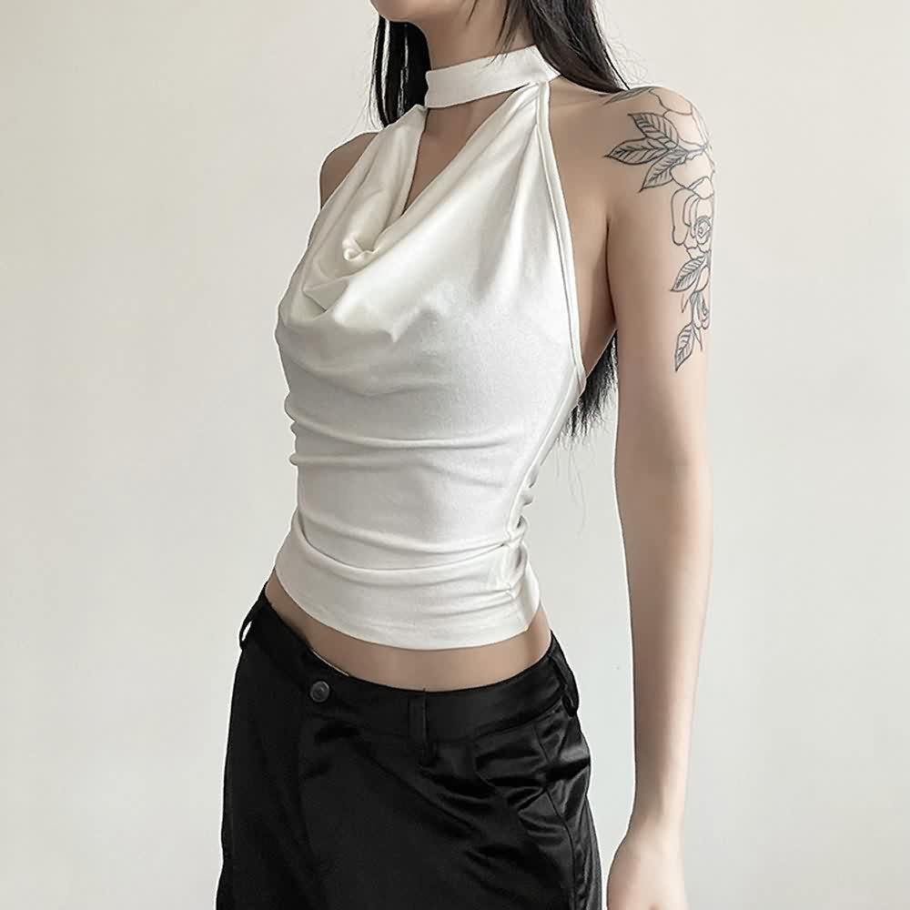 Gothic Halter Open Back Sleeveless Crop Top