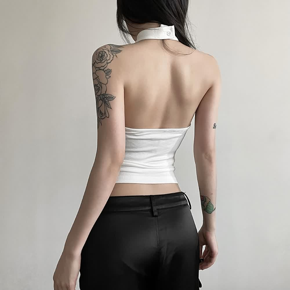 Gothic Halter Open Back Sleeveless Crop Top