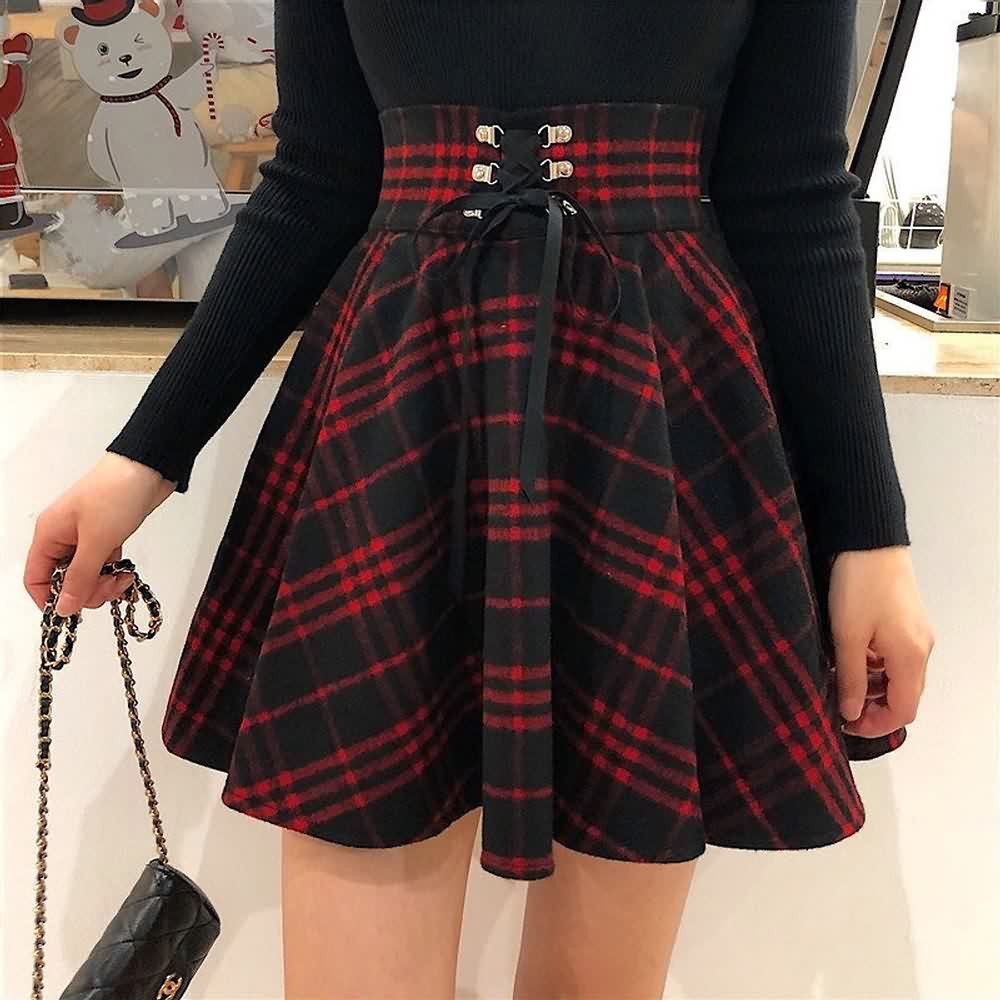 Gothic Harajuku Red Black Plaid Mini Skirt