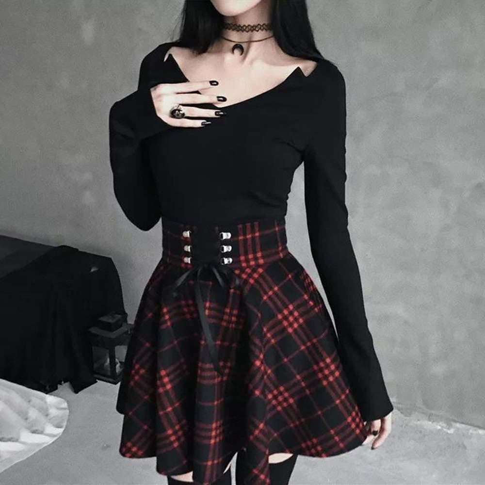 Gothic Harajuku Red Black Plaid Mini Skirt