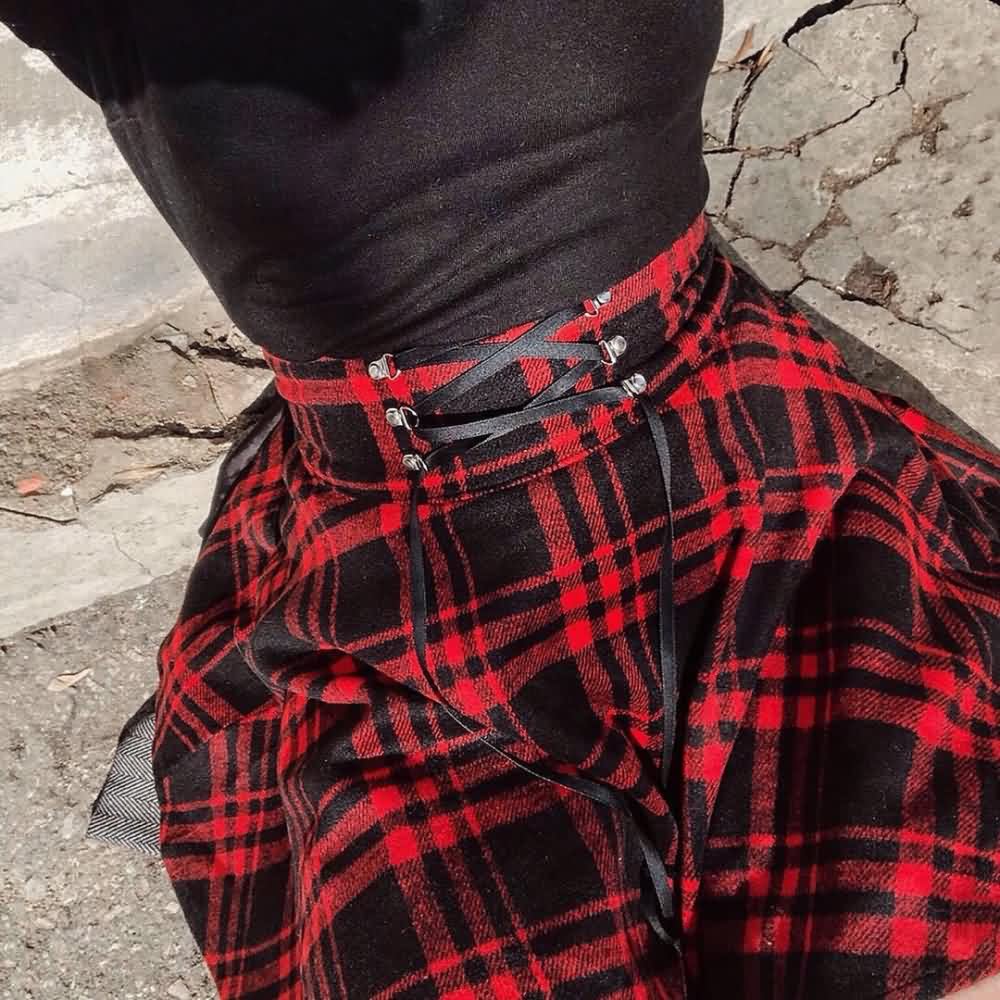 Gothic Harajuku Red Black Plaid Mini Skirt