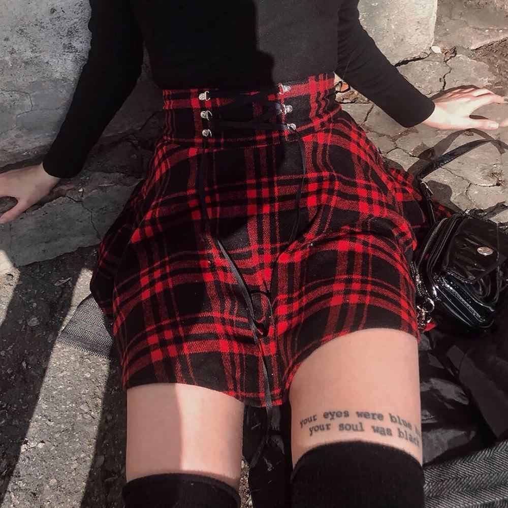 Gothic Harajuku Red Black Plaid Mini Skirt