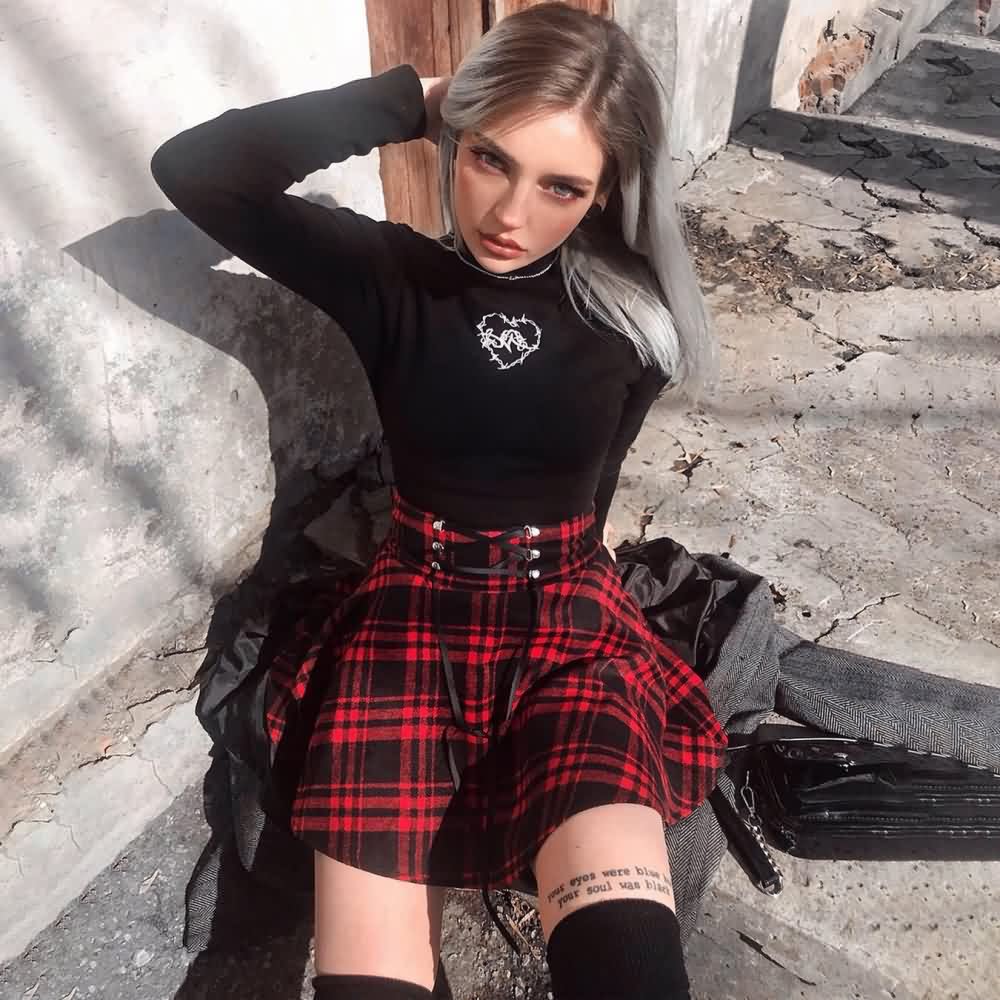 Gothic Harajuku Red Black Plaid Mini Skirt