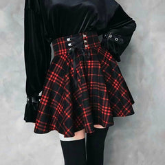 Gothic Harajuku Red Black Plaid Mini Skirt