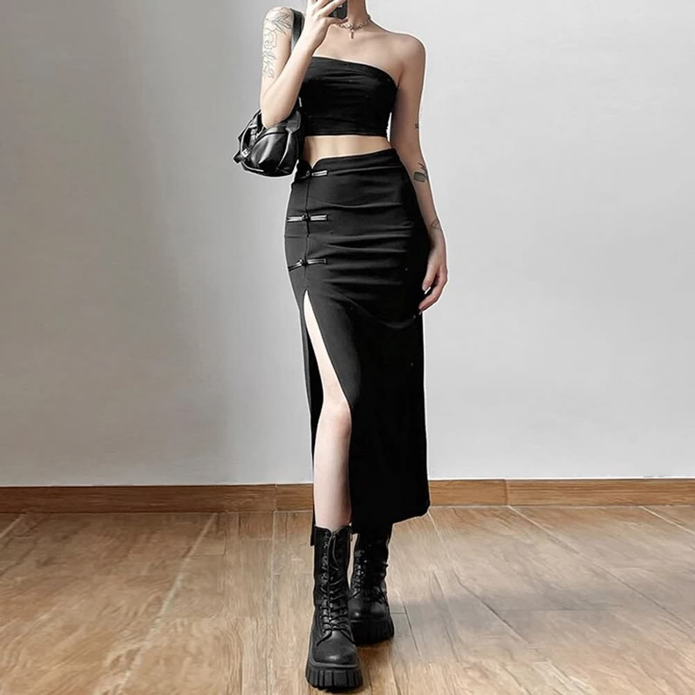 Gothic High Waisted Split Midi Skirt