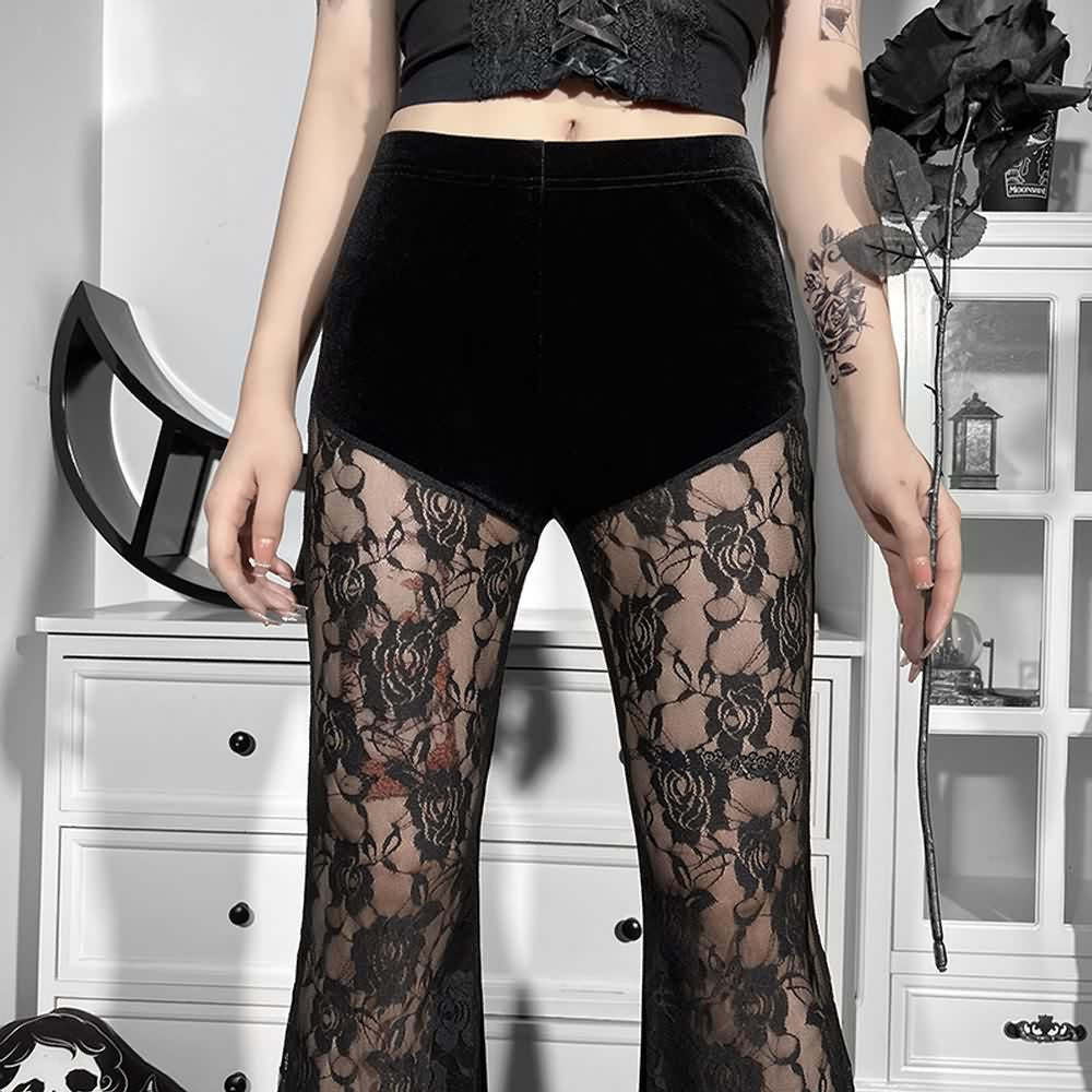 Gothic Lace Mesh Velvet Flare Pants