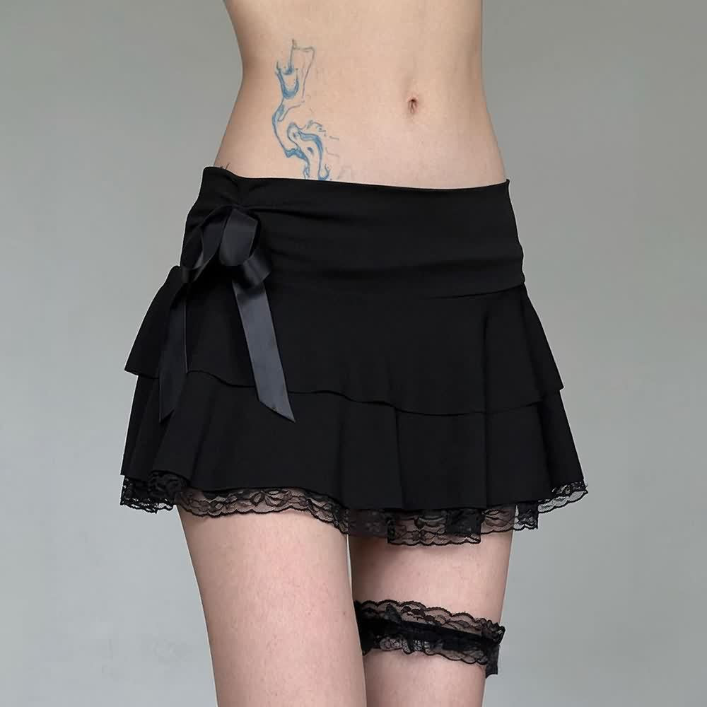 Gothic Lace Trim Tiered Mini Skirt