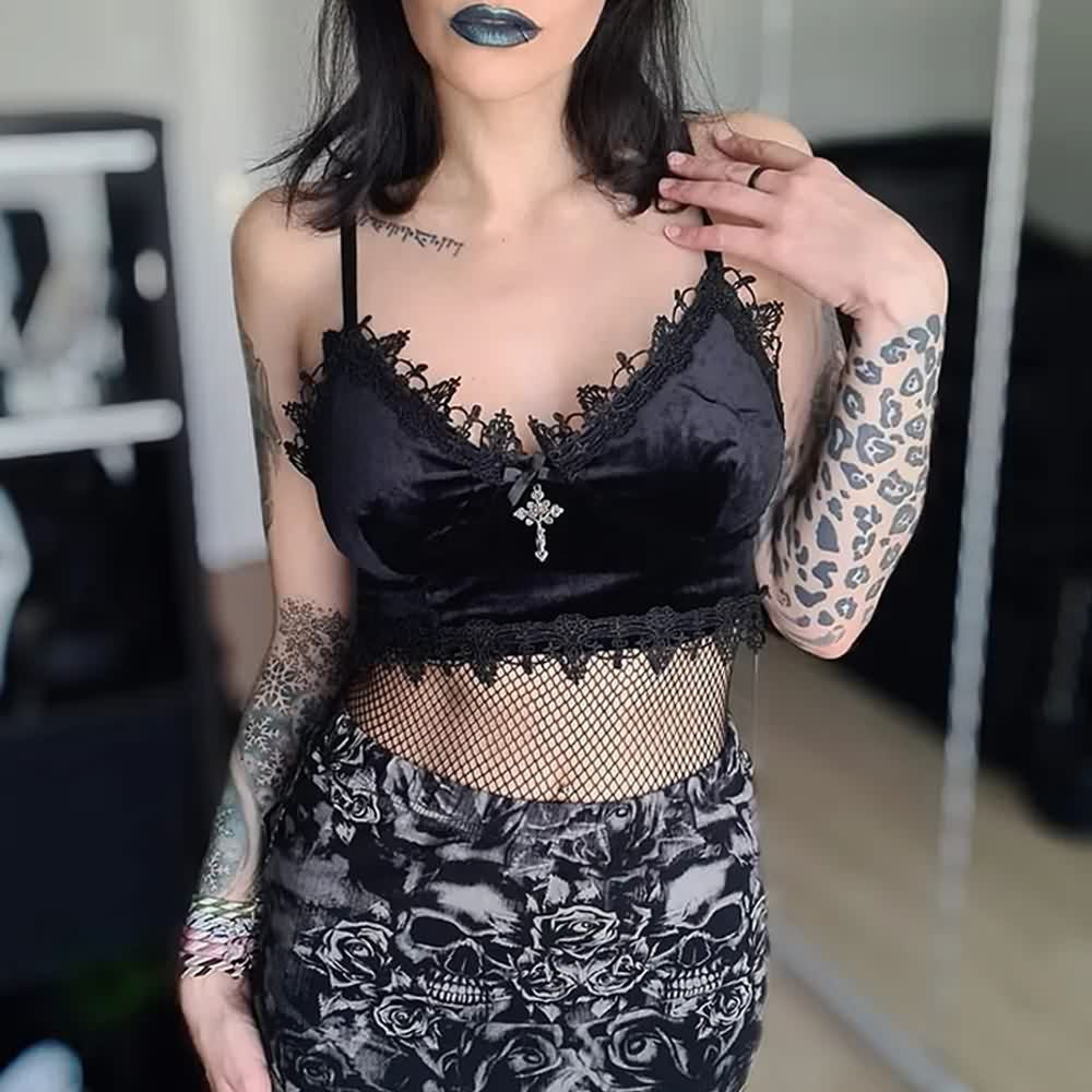 Gothic-Camisole aus Samt mit Spitzenbesatz