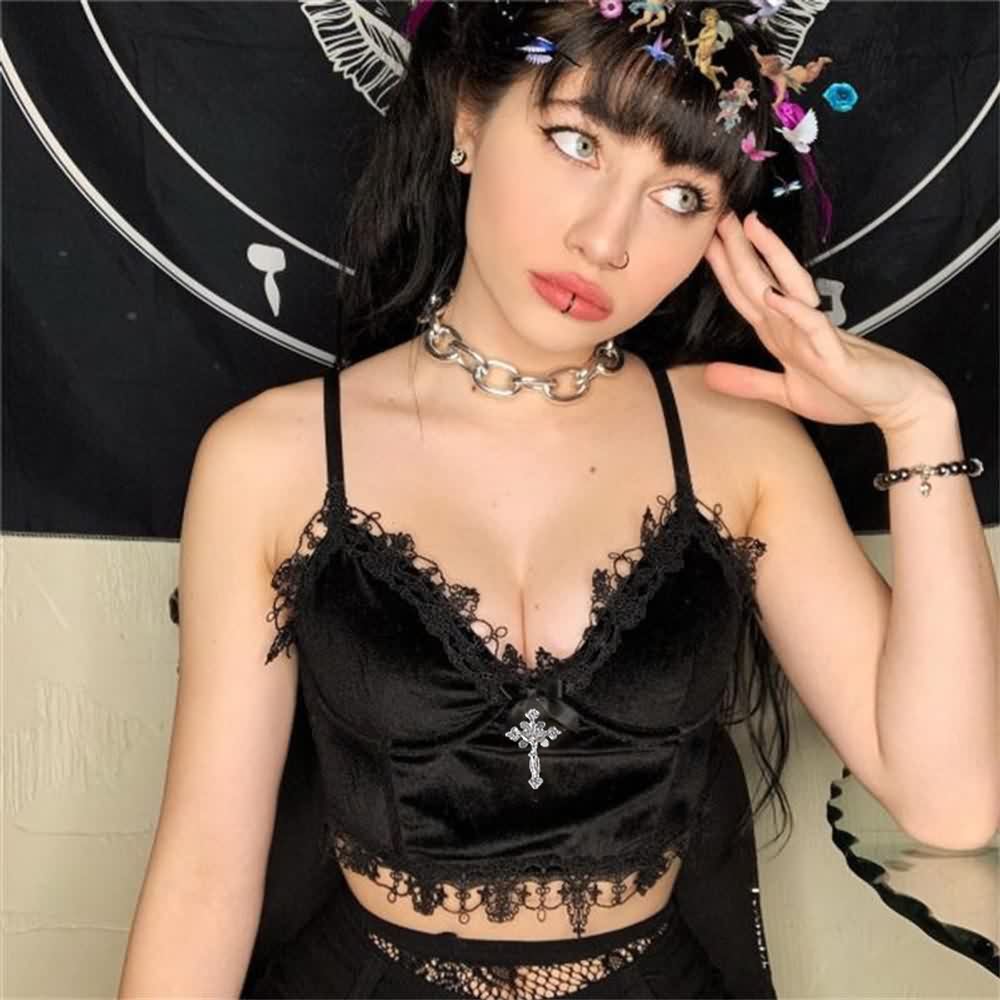 Gothic-Camisole aus Samt mit Spitzenbesatz