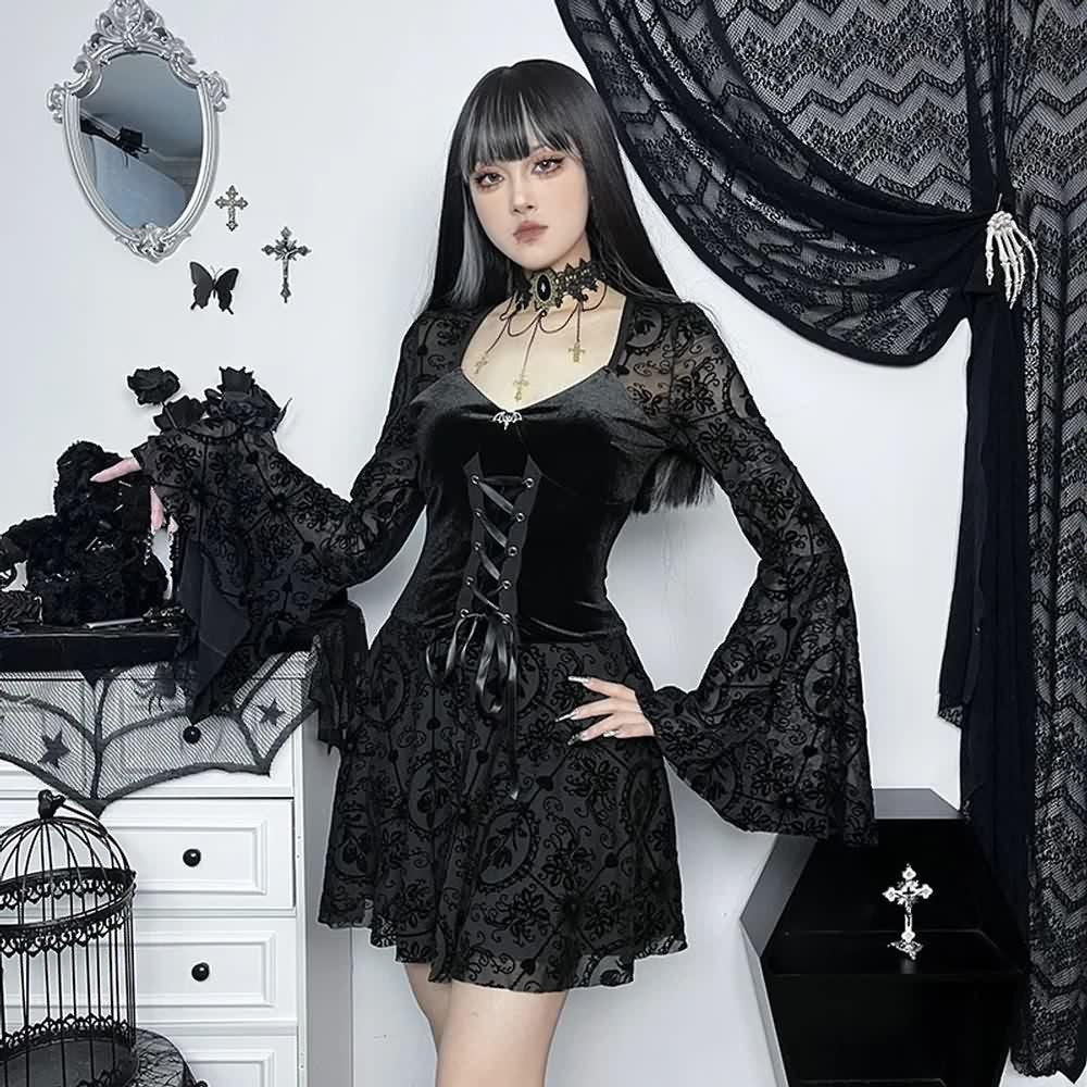 Gothic Lace Up Bell Sleeve Short Mesh Velvet Dress