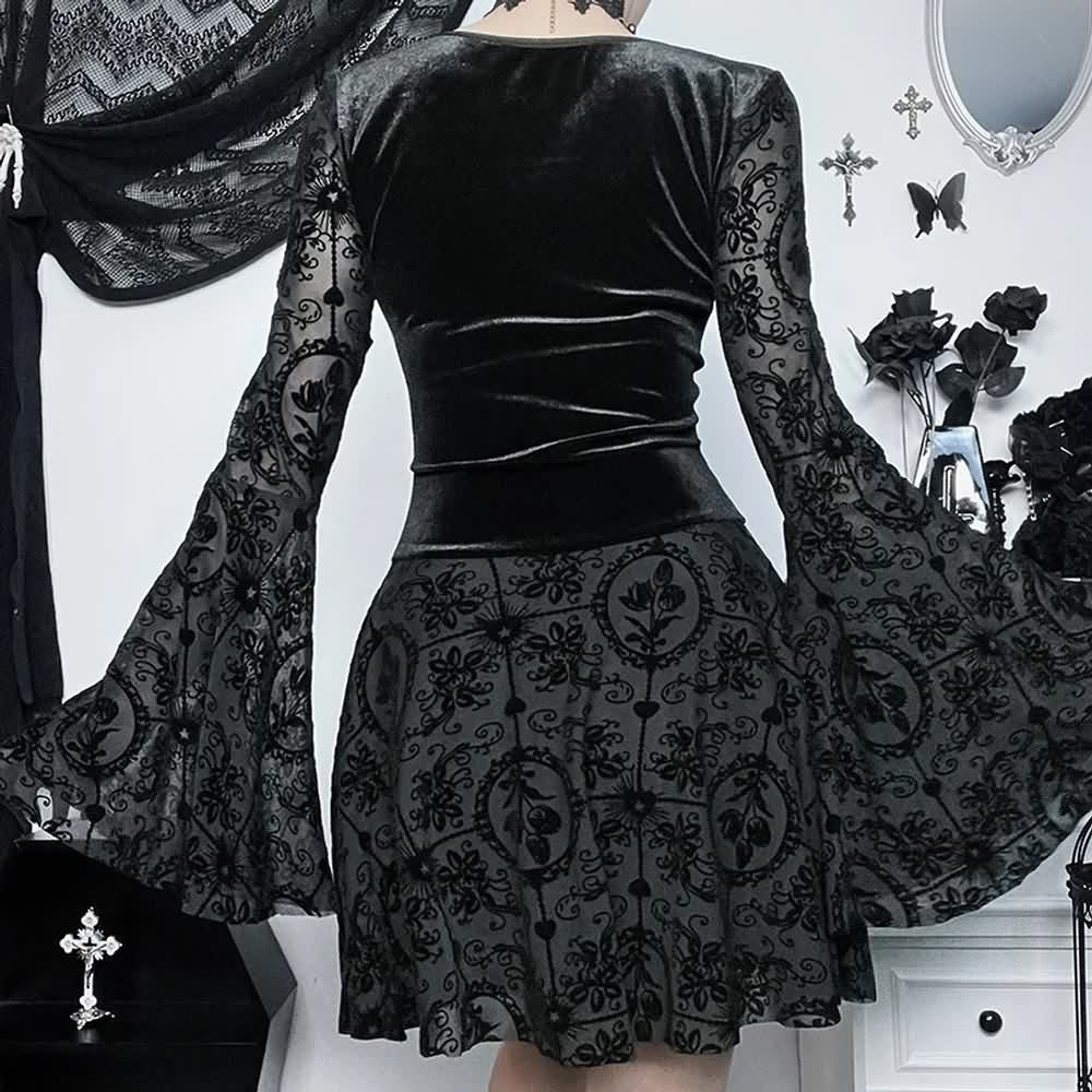 Gothic Lace Up Bell Sleeve Short Mesh Velvet Dress