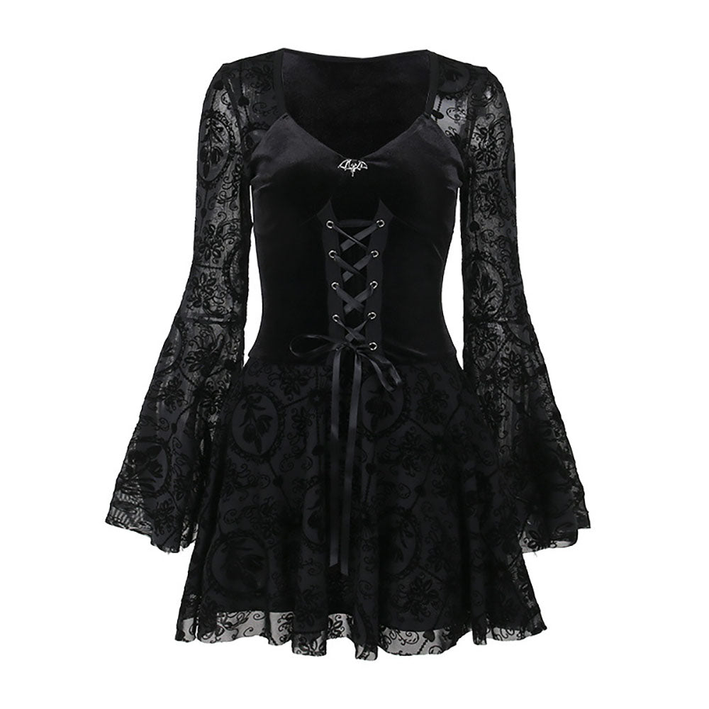 Gothic Lace Up Bell Sleeve Short Mesh Velvet Dress