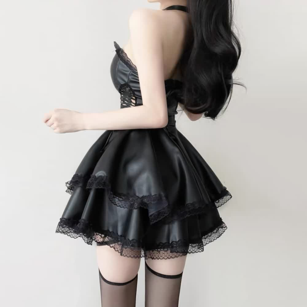 Gothic-Minikleid aus Leder mit Spitzenbesatz und trägerlosem Stufenmuster