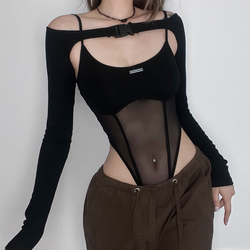 Gothic Mesh High Cut Bodysuit And Shrug Top