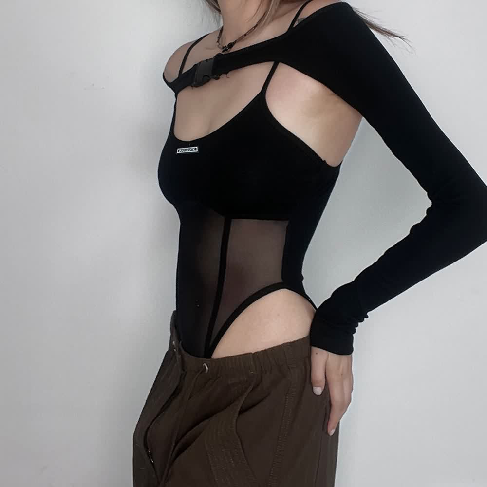 Gothic Mesh High Cut Bodysuit And Shrug Top