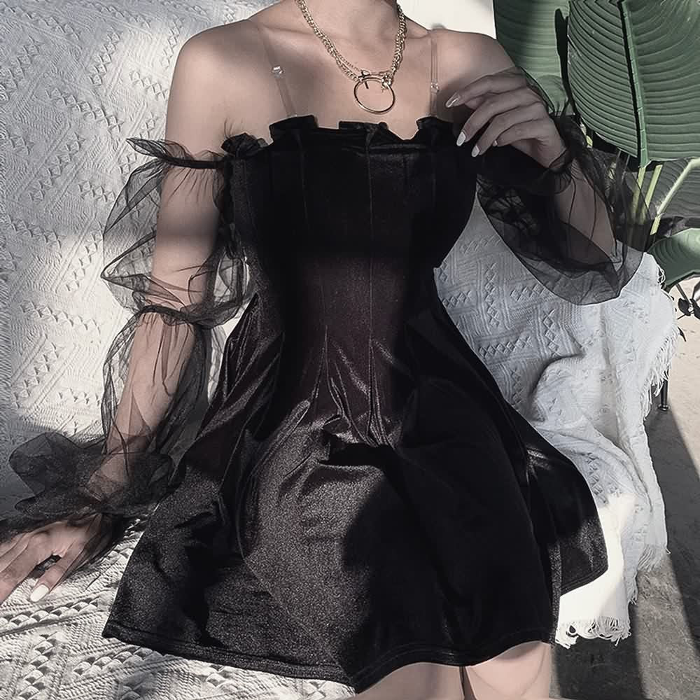 Gothic Mesh Lantern Sleeve Velvet Off Shoulder Dress